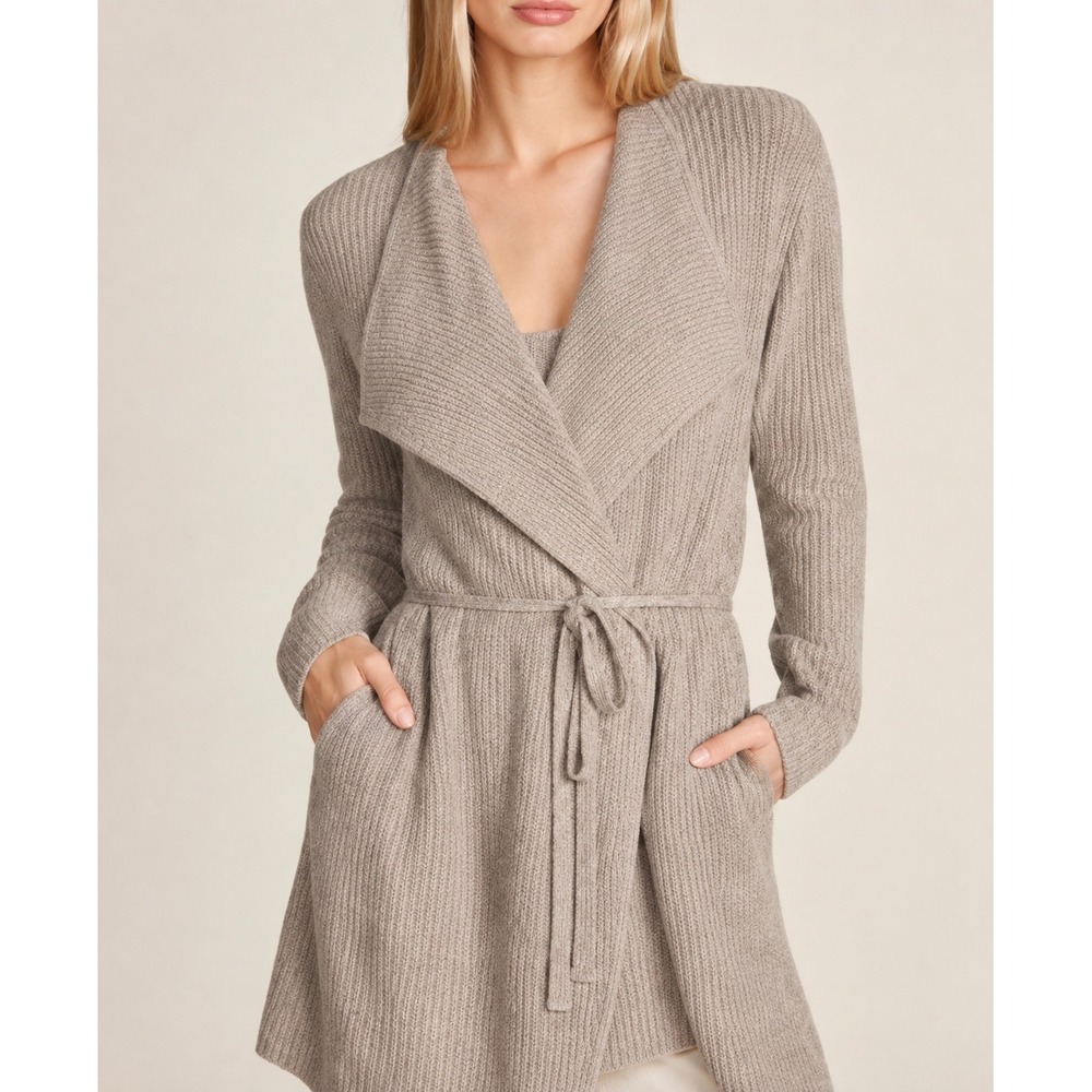 Barefoot Dreams CozyChic Lite Ribbed Wrap Cardigan Taupe XS Loungewear Belted
